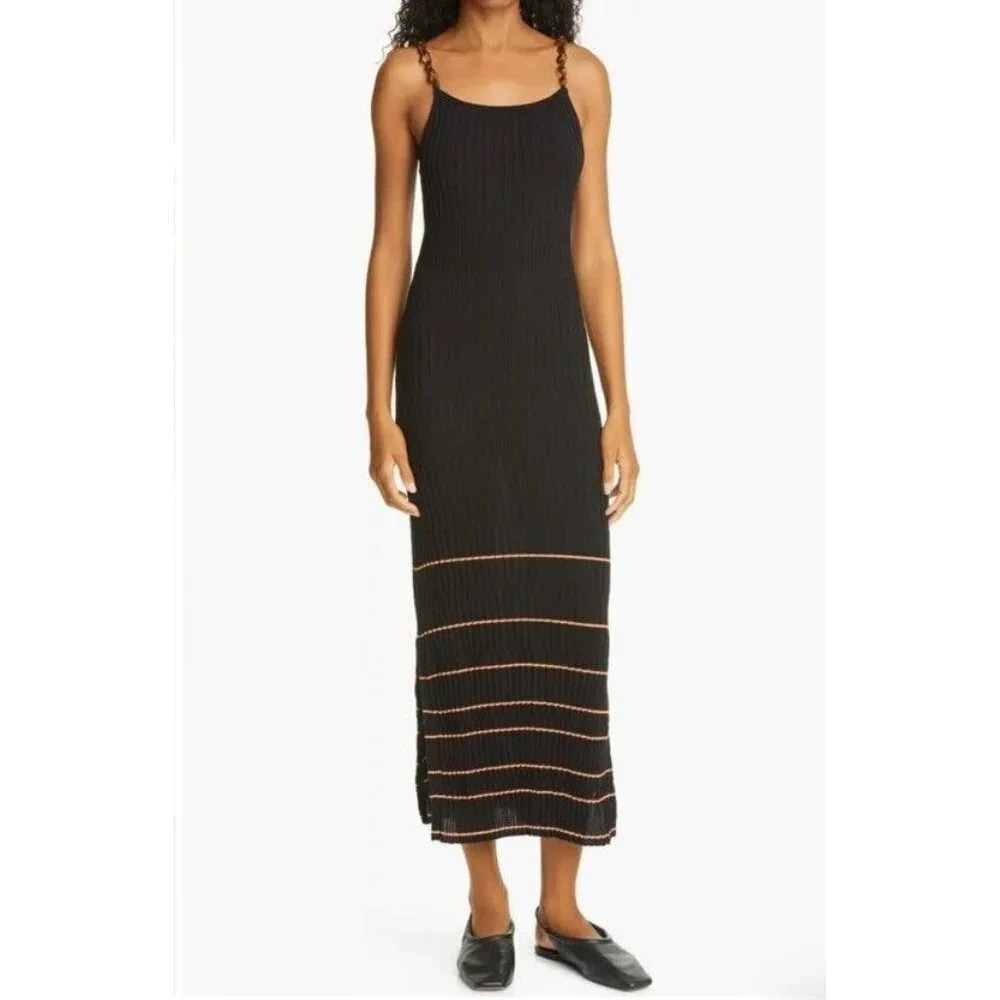 Jonathan Simkhai Mixed Ribbing Tank Dress Black Brown Stripes Size Medium Cotton